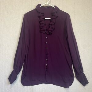 Elie Tahari 100% Silk Ruffled Neckline Button Up Plum Blouse Top Sz S Rich Mom